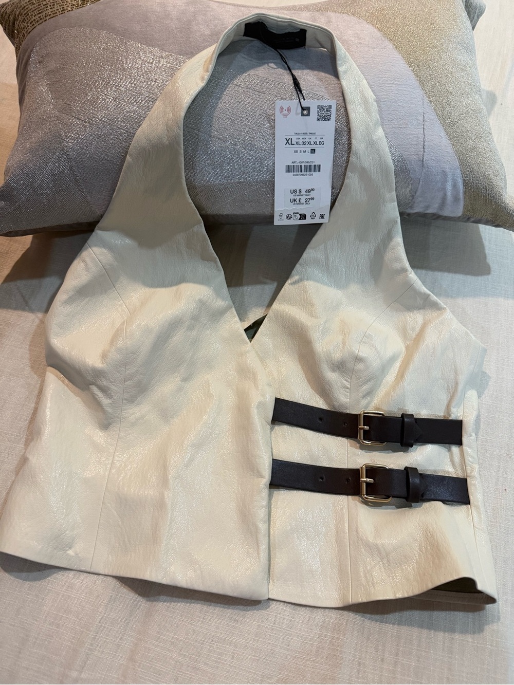 Zara Cream Faux Leather Vest with Black Buckle Straps